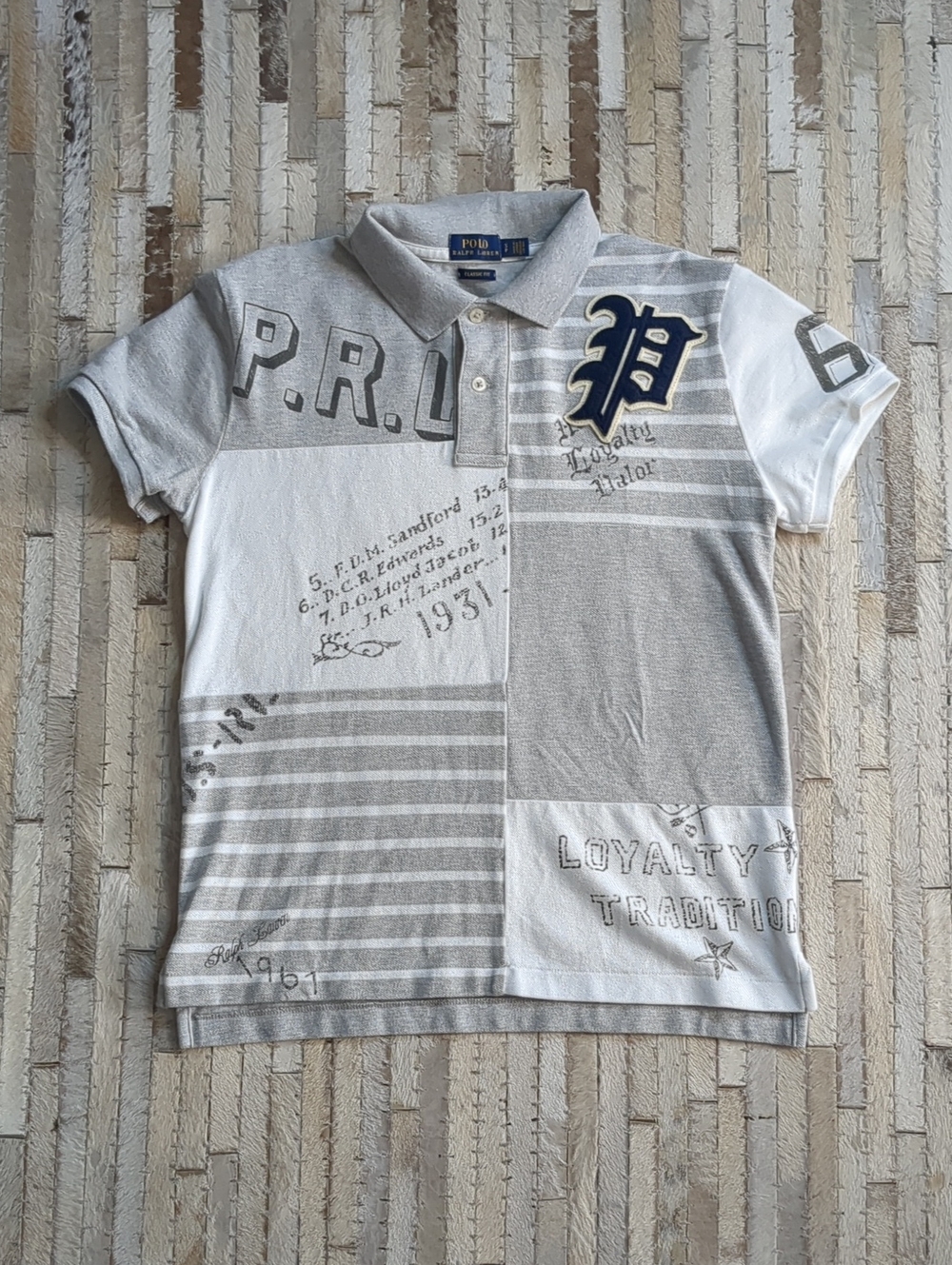 Polo Ralph Lauren Women's S Patchwork Graphic Mesh Gray Navy Polo Shirt